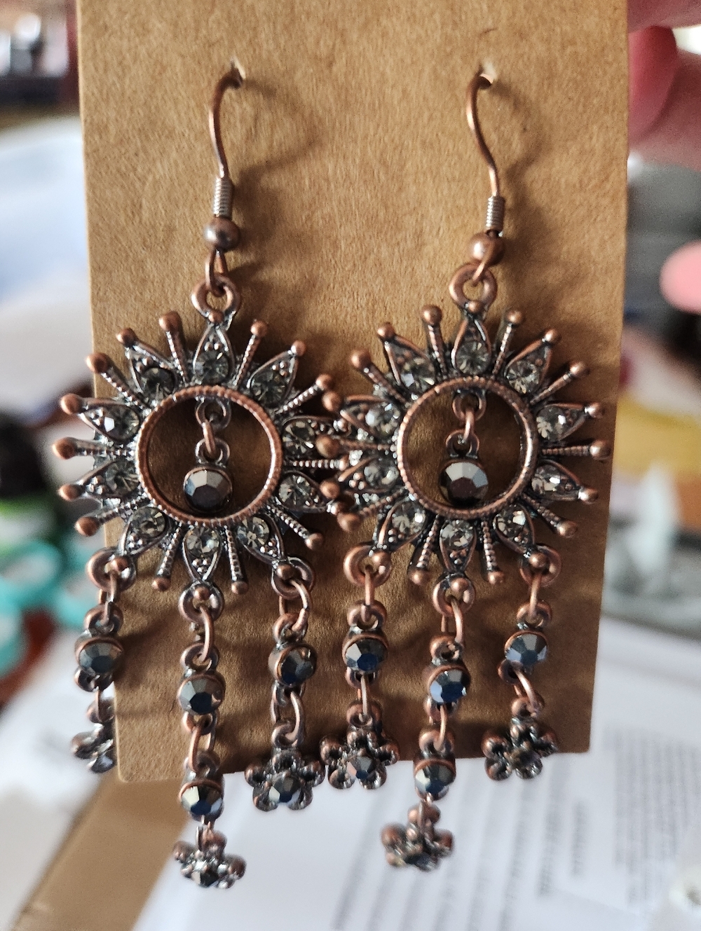 Boho Sunburst Drop Earrings in Copper 3" L - Picture 5 of 5